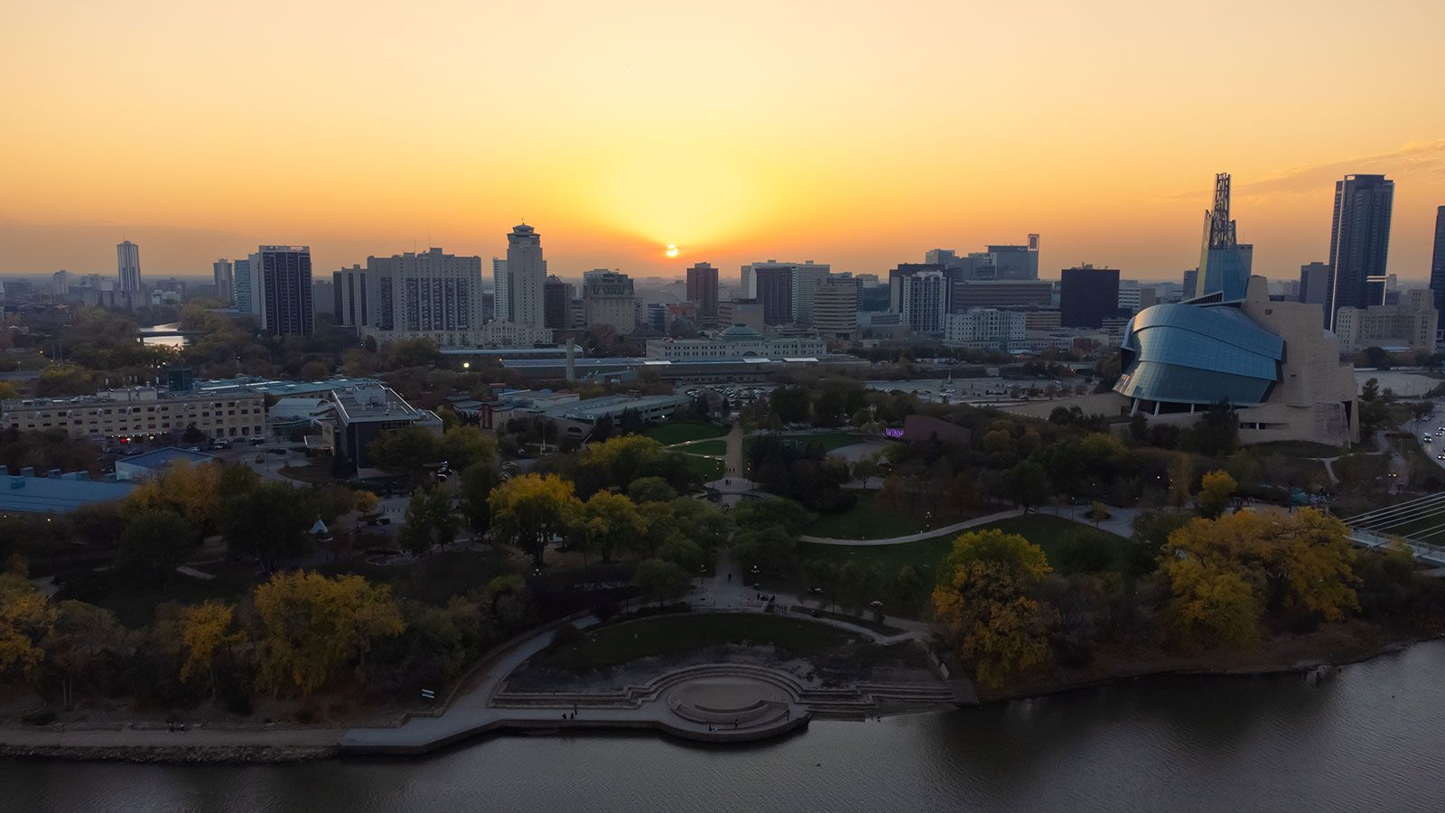 The Forks - aerial view facing west at sunset