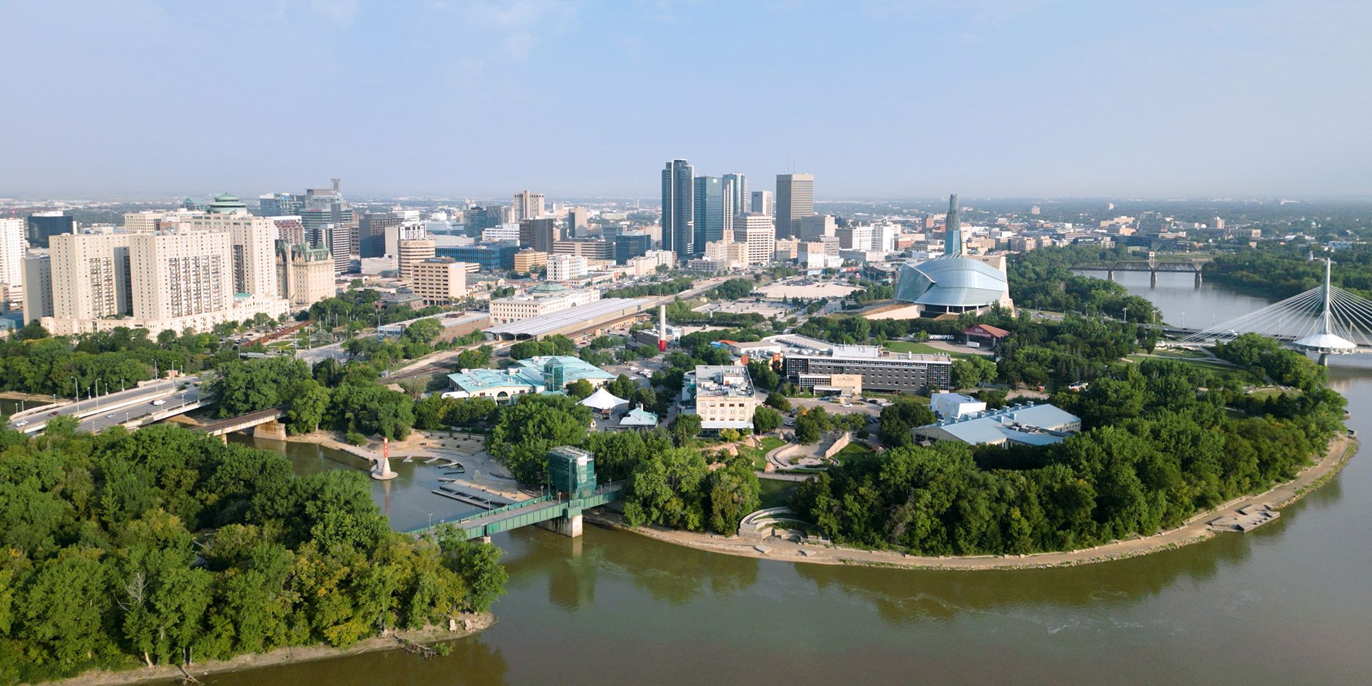 Aerial view of The Forks from above the Red River