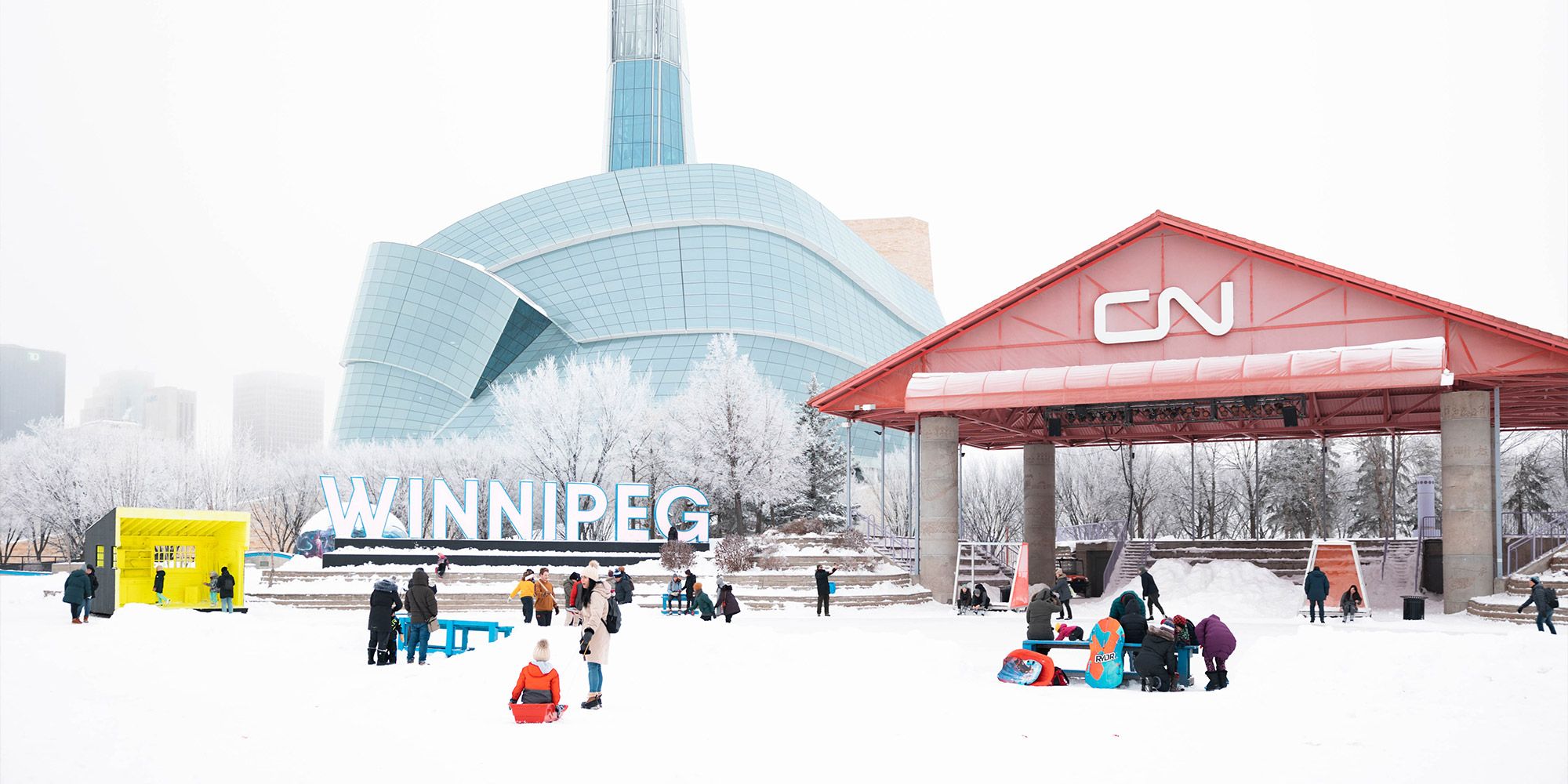 CN Stage and Winnipeg sign between The Forks and the Canadian Museum for Human Rights