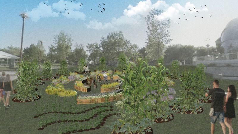 Computerized rendering of circular park with plants, people, and seating.