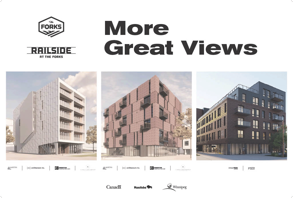 Photo of building renderings from Railside at The Forks.