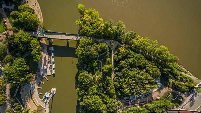 Overhead drone picture of the meeting of the Red and Assiniboine rivers